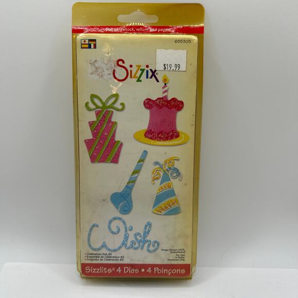 Sizzix Celebration Set #2 Sizzlits 4 Dies Cake Gifts Hat Wish - Picture 1 of 9